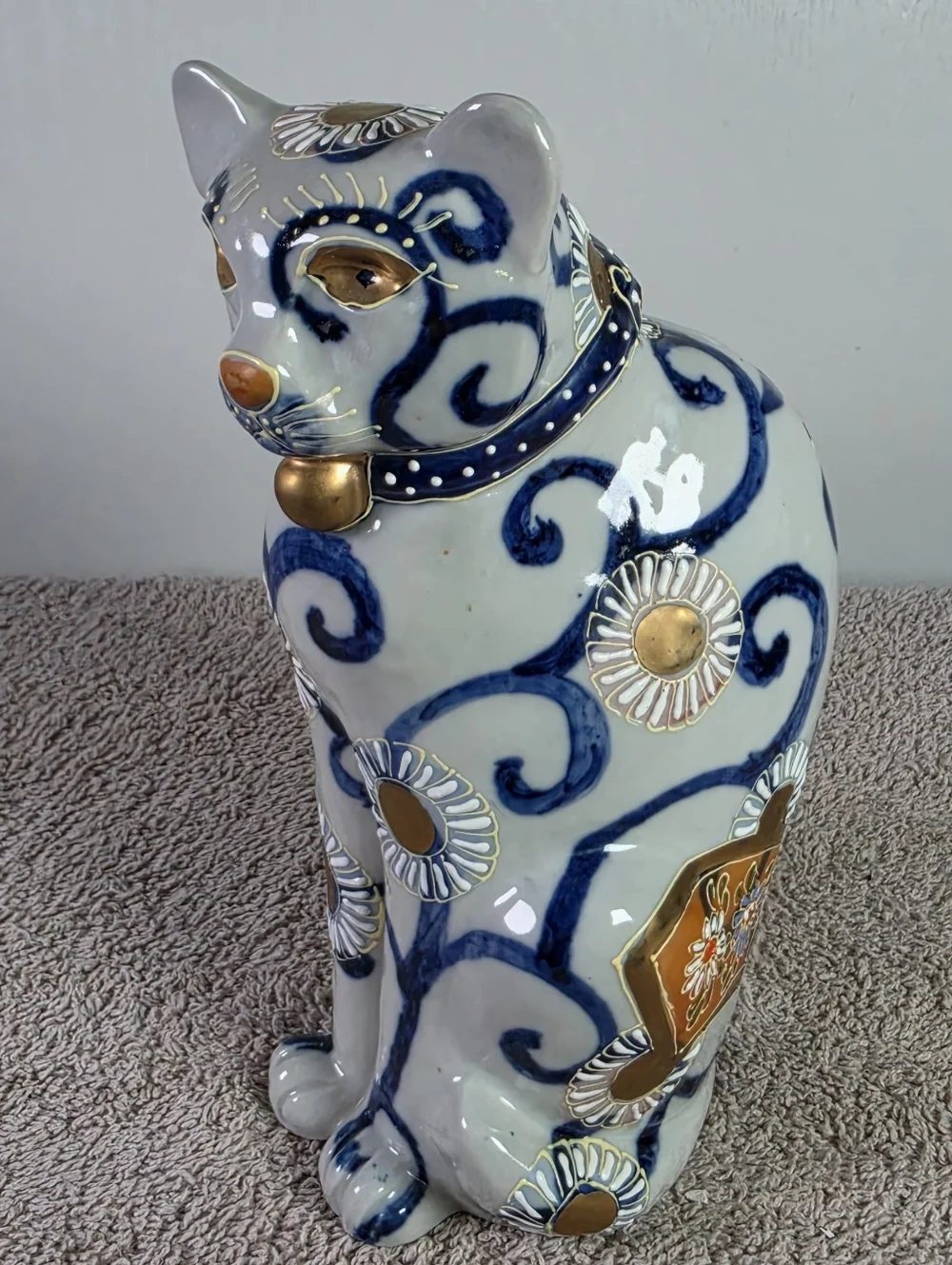 Decorative White and Blue Kutani Porcelain Cat Figurine with Gold Accents